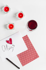 concept of Valentine Day love letter white background top view