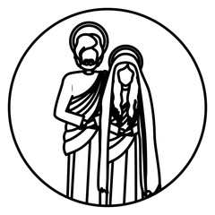 circular shape with contour virgin mary and saint joseph vector illustration