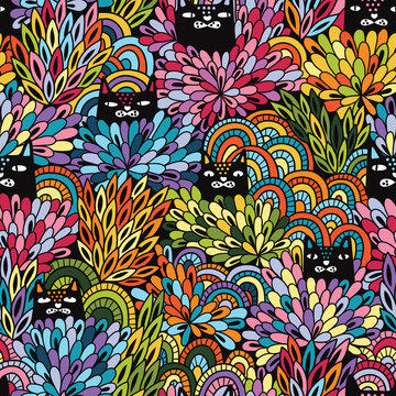 Fototapeta Seamless floral vector pattern with black cats