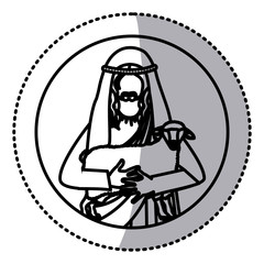 Fototapeta na wymiar circular sticker with silhouette half body jesus carrying a sheep vector illustration