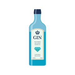 Traditional dry gin in blue bottle. Alcohol drink. Flat style. - obrazy, fototapety, plakaty