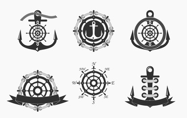 Nautical Logos Templates Set. Vector object and Icons for Marine Labels, Sea Badges, Anchor Logos Design, Emblems Graphics, sides of the world.