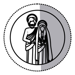 circular sticker with contour virgin mary and saint joseph vector illustration