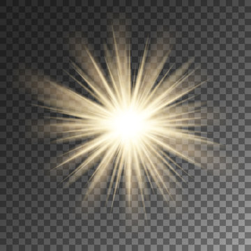 Sparkling sun rays burst star flare on transparent vector background.