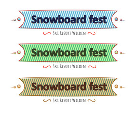 Snowboard festival set of ribbons, greeting card