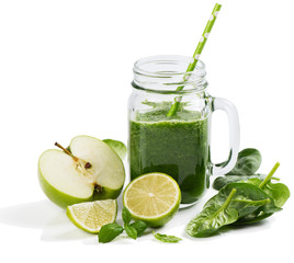 Healthy green smoothie and ingredients