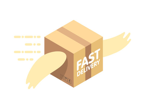 Fast delivery service flat vector illustration. Parcel with wings flies in sky among clouds