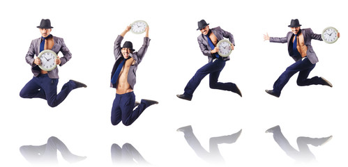 Muscular half naked businessman jumping on white
