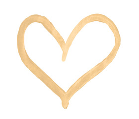 The outline of the beige heart drawn with paint on white background