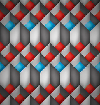 Volume realistic vector texture, diamonds, geometric pattern, gray cubes with red and blue bottom
