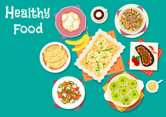 Healthy meat dishes with fruit desserts icon