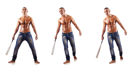 Obraz premium Muscular man with baseball bat on white