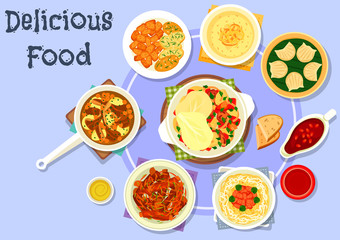 Asian cuisine dinner with dessert icon design