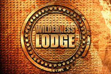 wilderness lodge, 3D rendering, grunge metal stamp