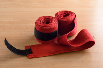 boxer wrist wraps on wooden background