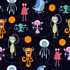 Cute funny cartoon monsters seamless pattern