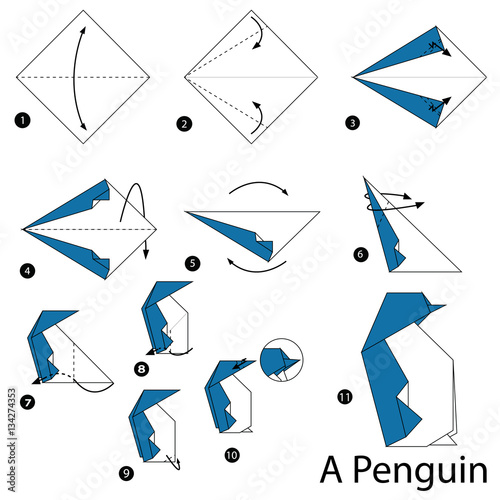" step by step instructions how to make origami A Penguin." Stock image