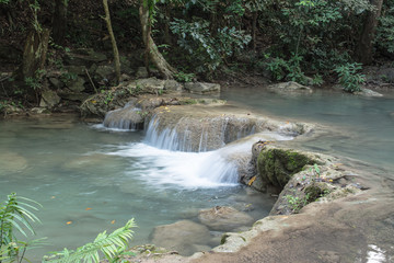 Erawan Falls are big and beautiful in Kanchanaburi Province Thailand has a large garden with beautiful trees. 