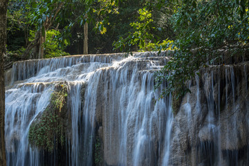 Erawan Falls are big and beautiful in Kanchanaburi Province Thailand has a large garden with beautiful trees. 