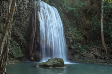Fototapeta premium Erawan Falls are big and beautiful in Kanchanaburi Province Thailand has a large garden with beautiful trees. 
