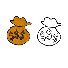 abstract hand draw doodle sketch and brown color paint money bag with white background, vector, illustration, cartoon style