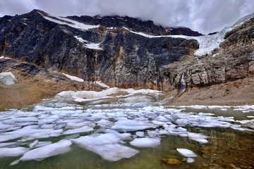 Fototapeta na wymiar Glacier lake with icebergs. Angel Glacier at Mount Edith Cavell. Jasper National Park. Canadian Rockies. Alberta. Canada.