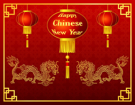 Happy chinese new year with lantern and golden dragon