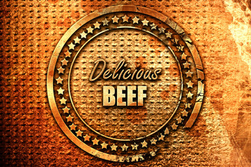 Delicious beef sign, 3D rendering, grunge metal stamp