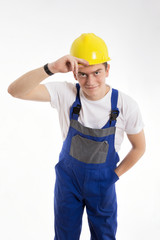 Builder welcomes the customer on a white background
