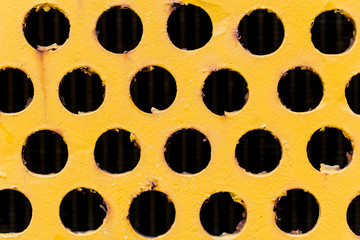 rust stain old air vent, air flow cooling grid hole steel cover texture.