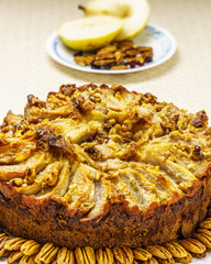 Pear pie homemade organic fruit tart with pecan nuts