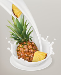 Milk splash and pineapple. 3d vector object. Natural dairy products