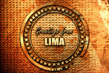 Greetings from lima, 3D rendering, grunge metal stamp