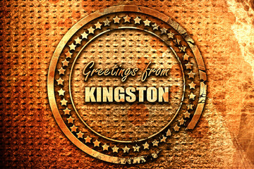 Greetings from kingston, 3D rendering, grunge metal stamp