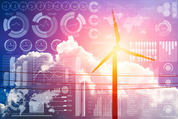 future of power and technology, wind turbine with business information mix media overlay