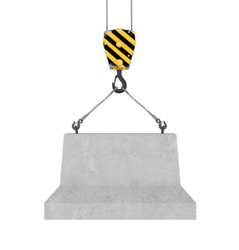 Rendering of concrete block hanging on hook with two ropes