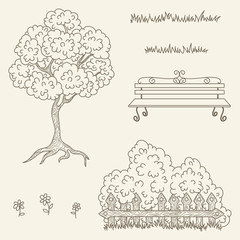 Hand drawn outline vector street/garden objects