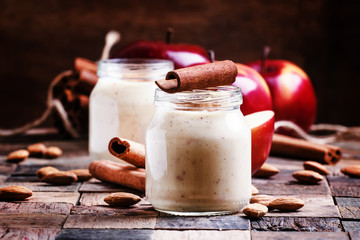 Healthy Food: Smoothies from red apples, oatmeal with almonds an
