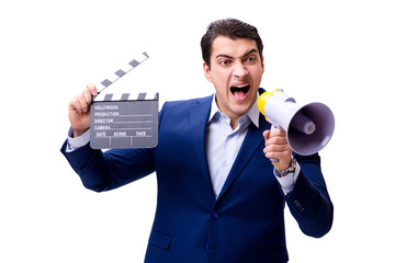 Handsome man with movie clapper isolated on white