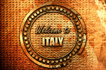 Welcome to italy, 3D rendering, grunge metal stamp