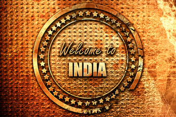 Welcome to india, 3D rendering, grunge metal stamp