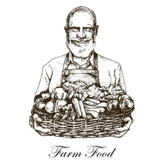 Farmer holding a basket of fresh vegetables.Vector illustration.