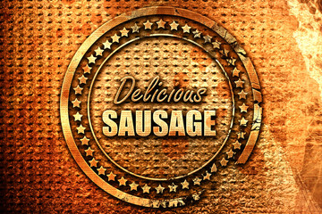 Delicious sausage sign, 3D rendering, grunge metal stamp