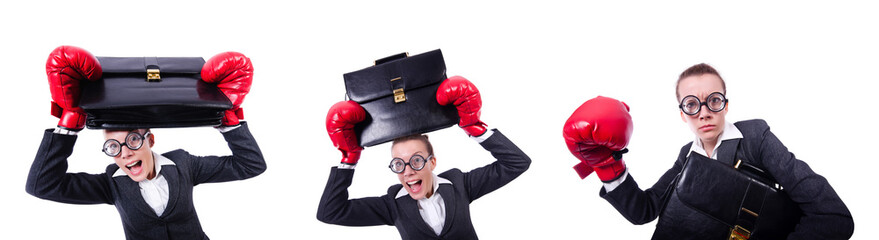 Collage of funny businesswoman on white