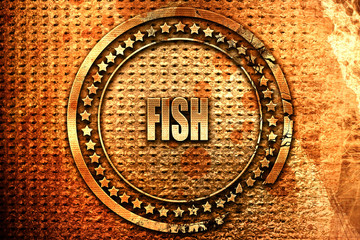 Delicious fish sign, 3D rendering, grunge metal stamp