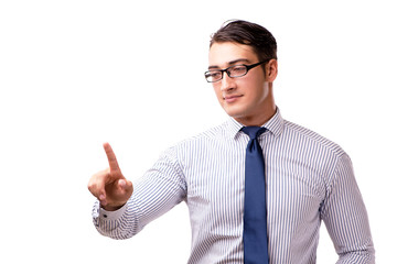 Young handsome businessman pressing buttons isolated on white