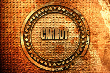 Delicious carrot sign, 3D rendering, grunge metal stamp