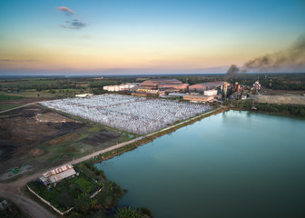 Fototapeta premium aerial view from drone sugar factory with Waste Water Treatment