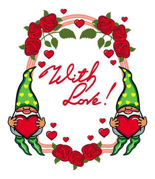 Oval label with roses, cute gnome holding heart . Vector clip art.