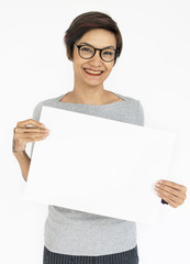 Naklejka premium Female Holding White Blank Placard Concept